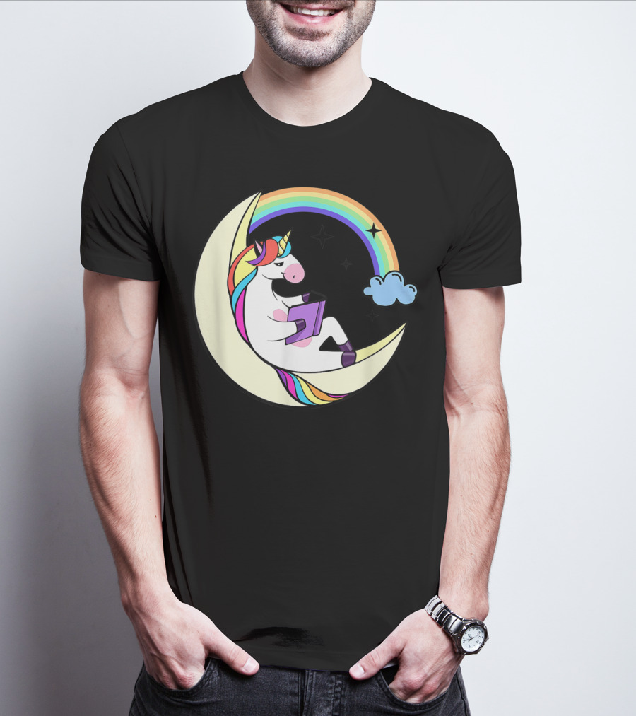 Unicorn Reading Book On Moon With Rainbow And Stars T-Shirt