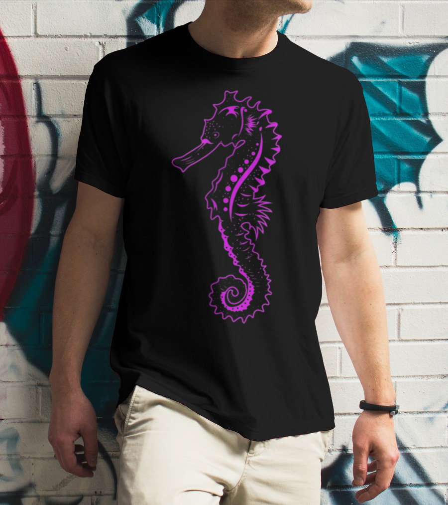 Cute Seahorse Sea Horse Neon Purple Black Sea Creature T-Shirt