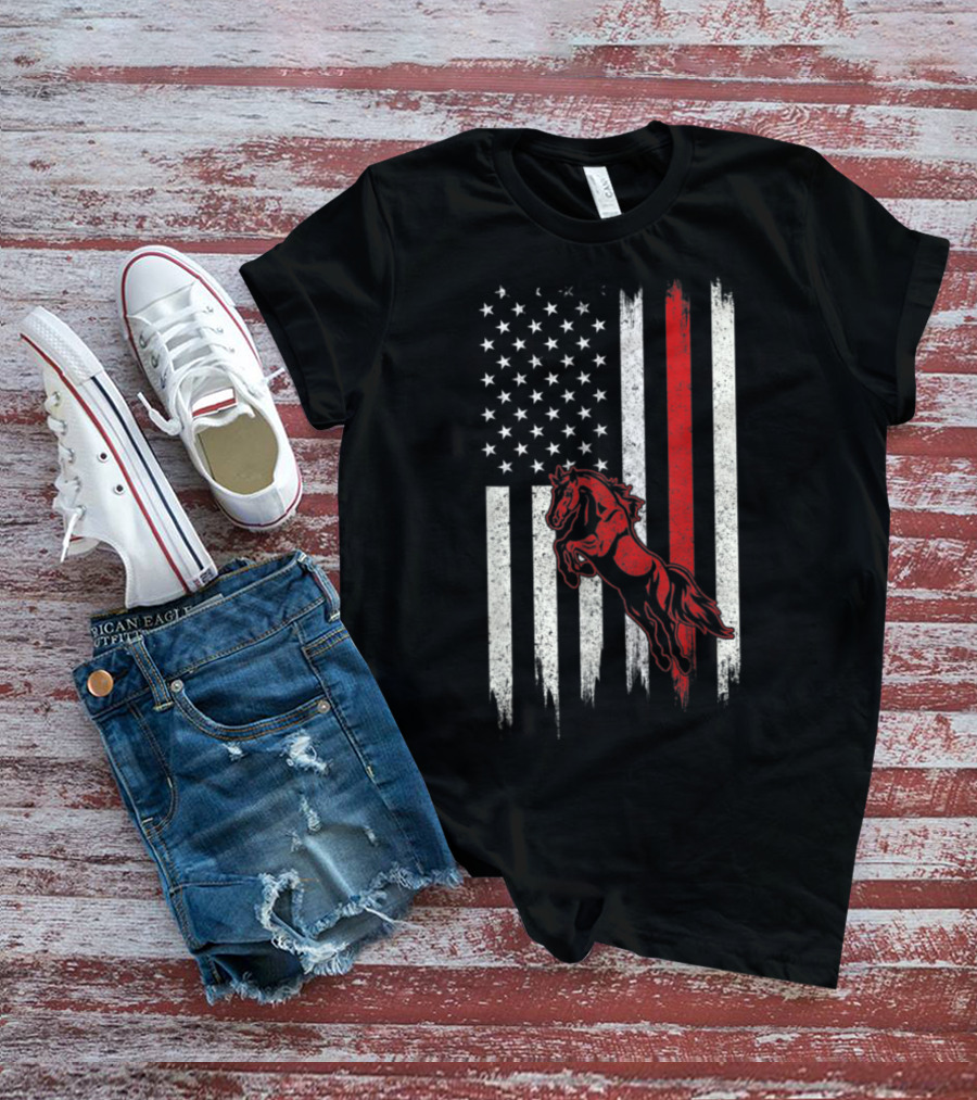 Distressed American Flag With Red Horse T-Shirt