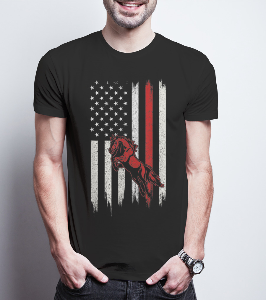 Distressed American Flag With Red Horse T-Shirt