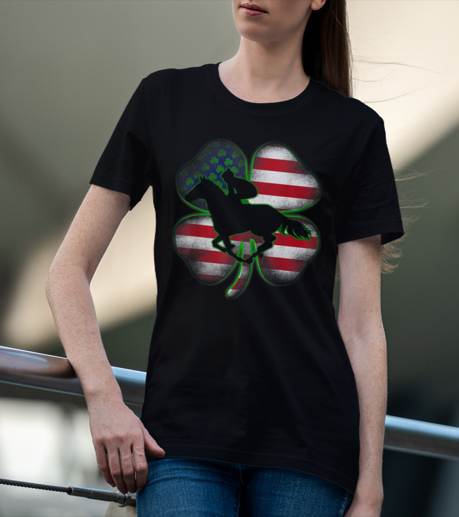 Distressed Horse Racing Shamrocks American Flag St 8W T-Shirt