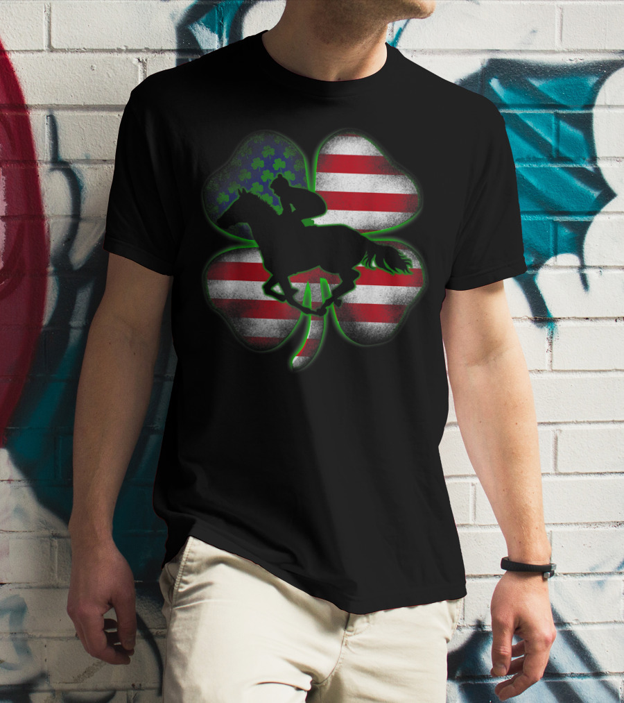Distressed Horse Racing Shamrocks American Flag St 8W T-Shirt