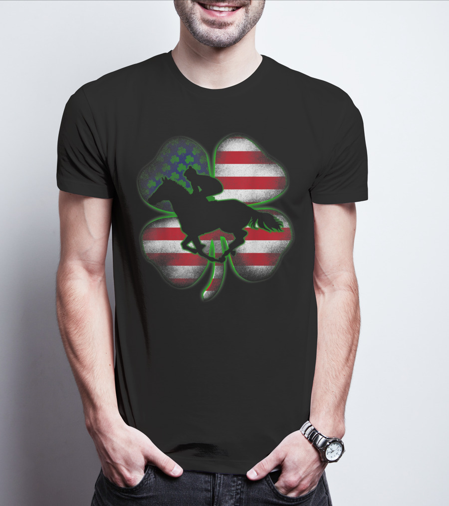 Distressed Horse Racing Shamrocks American Flag St 8W T-Shirt