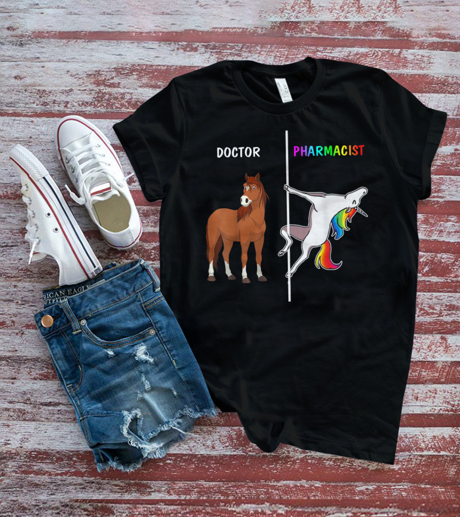 Doctor Horse Vs. Pharmacist Unicorn Rainbow Contrast T-Shirt