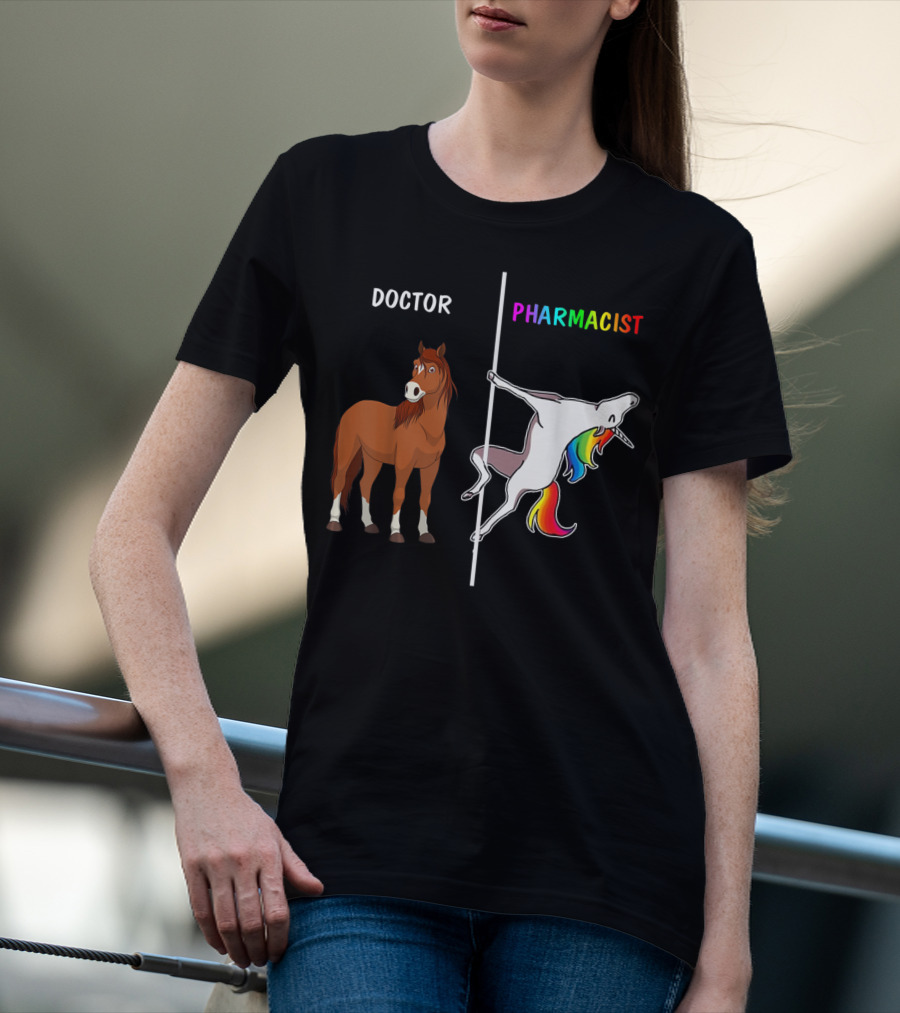 Doctor Horse Vs. Pharmacist Unicorn Rainbow Contrast T-Shirt