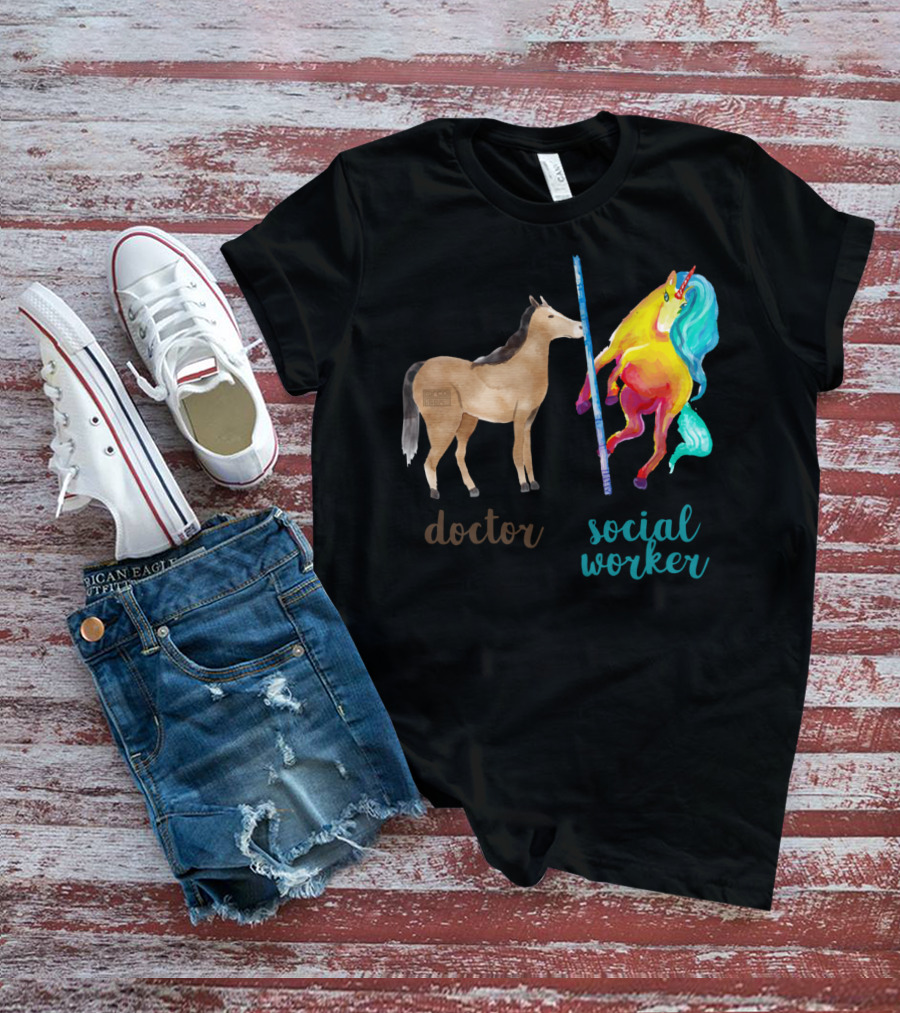 Doctor Horse And Social Worker Unicorn With Pole T-Shirt