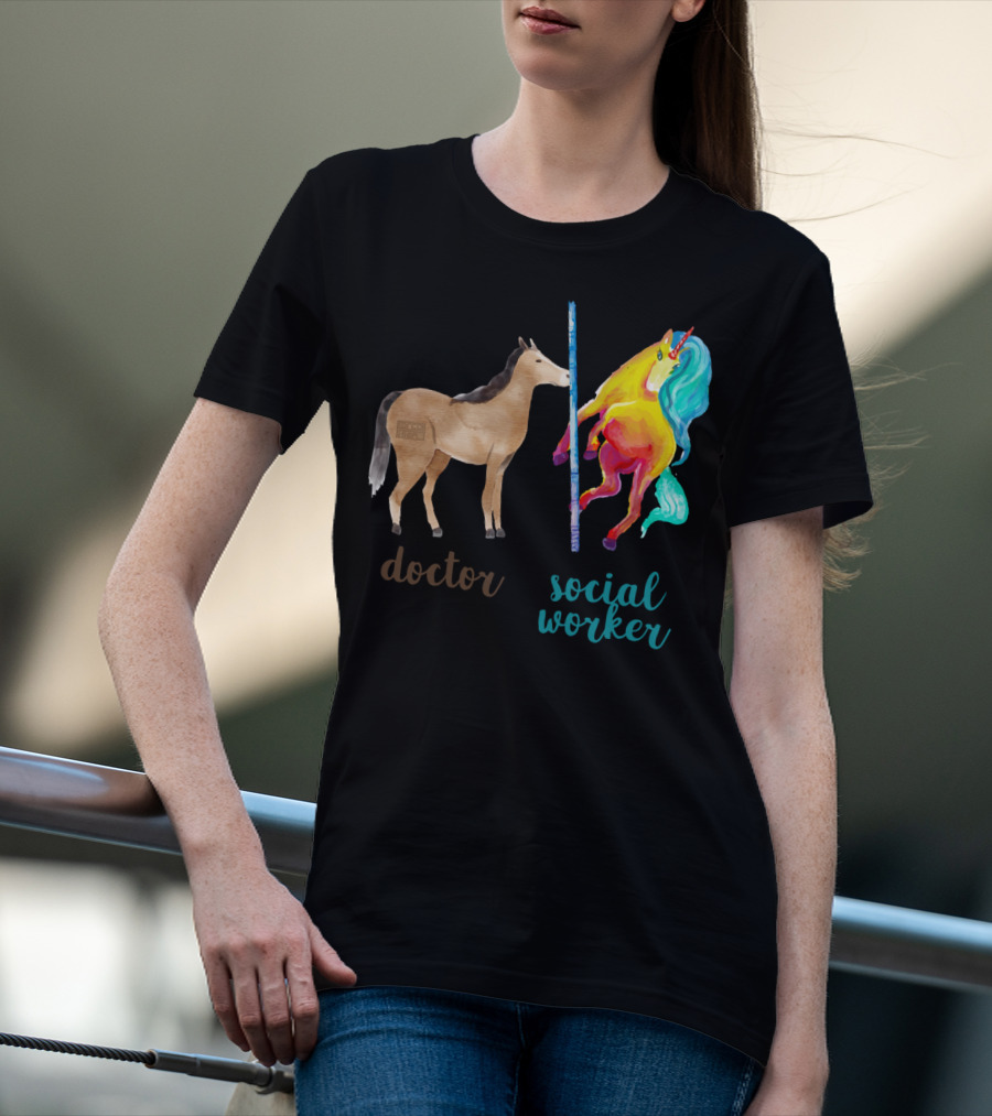 Doctor Horse And Social Worker Unicorn With Pole T-Shirt