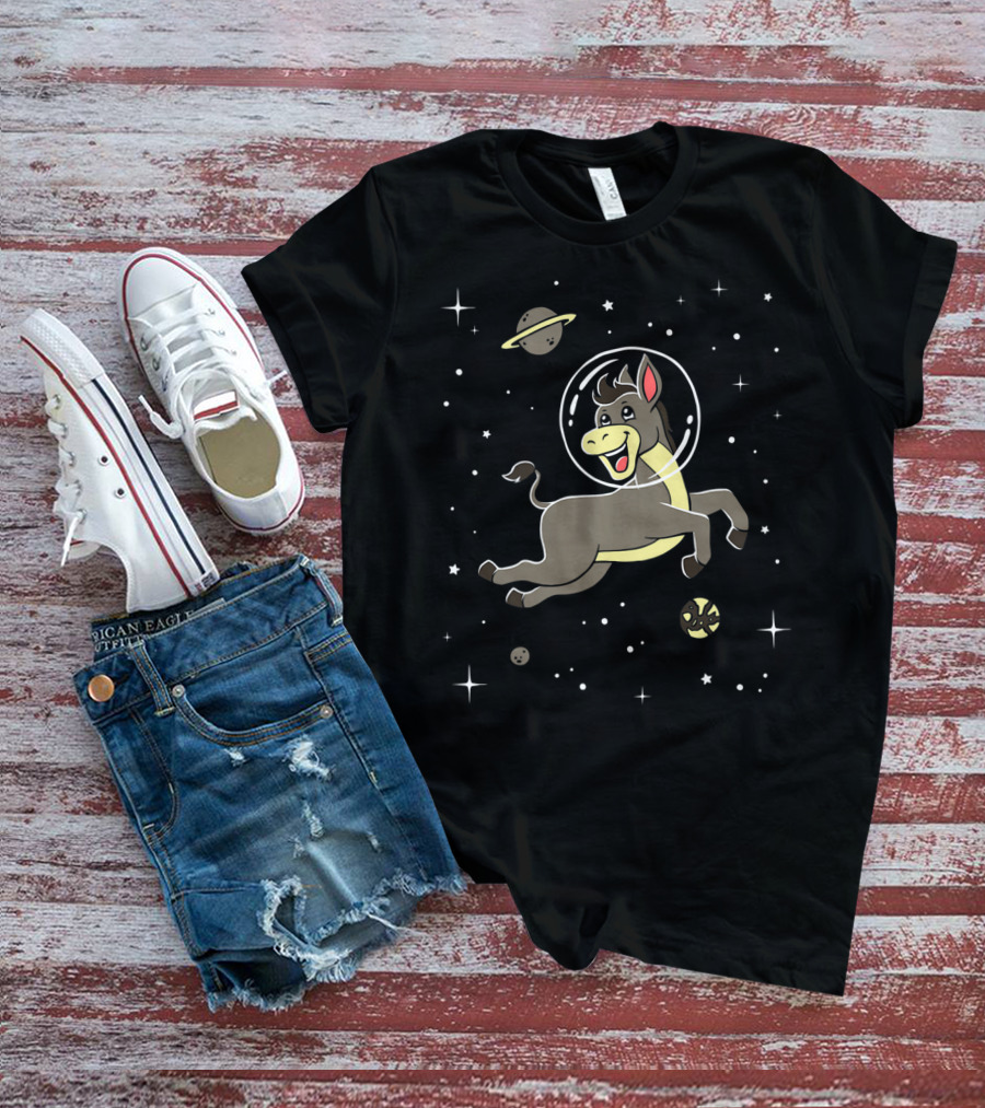 Space Adventure Cute Cartoon Donkey Horse With Astronaut Helmet T-Shirt