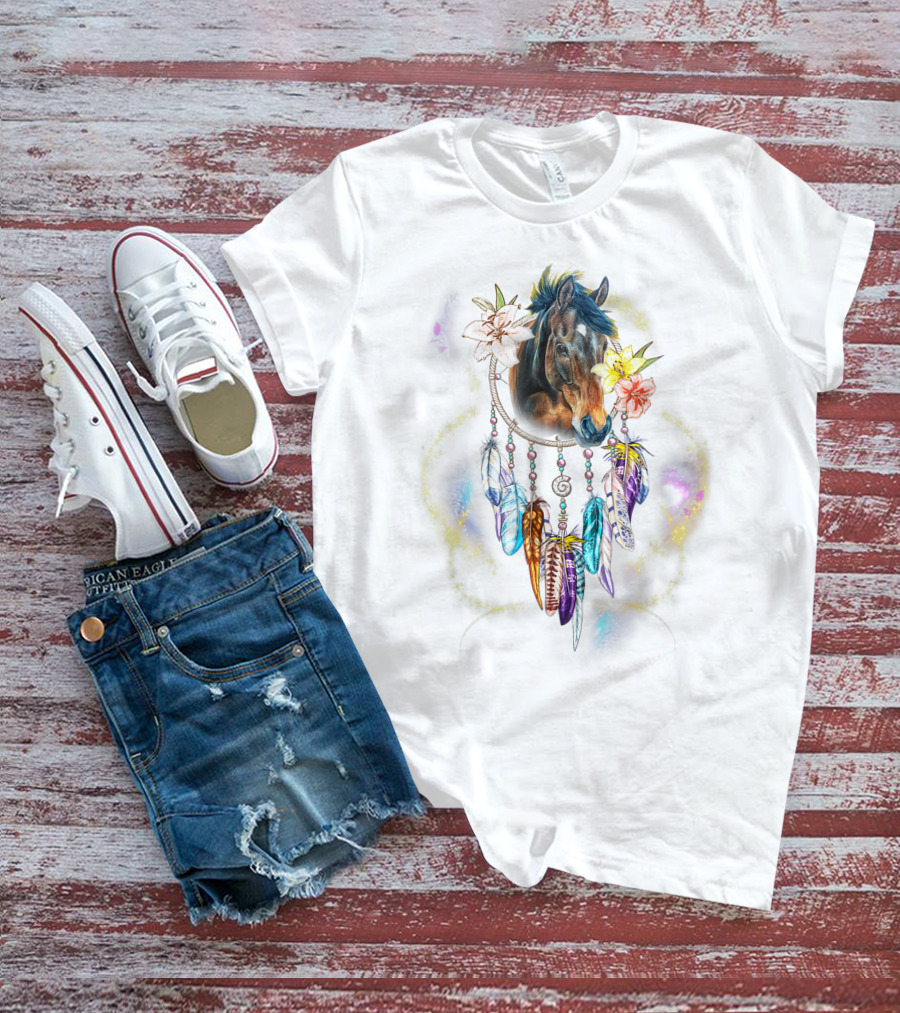 Dream Catcher Horse With Feathers And Flowers For Animal Lovers T-Shirt