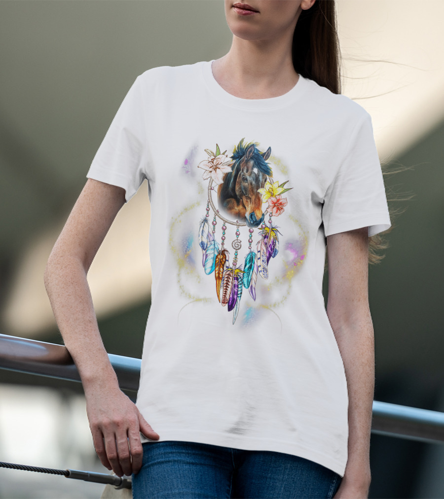 Dream Catcher Horse With Feathers And Flowers For Animal Lovers T-Shirt