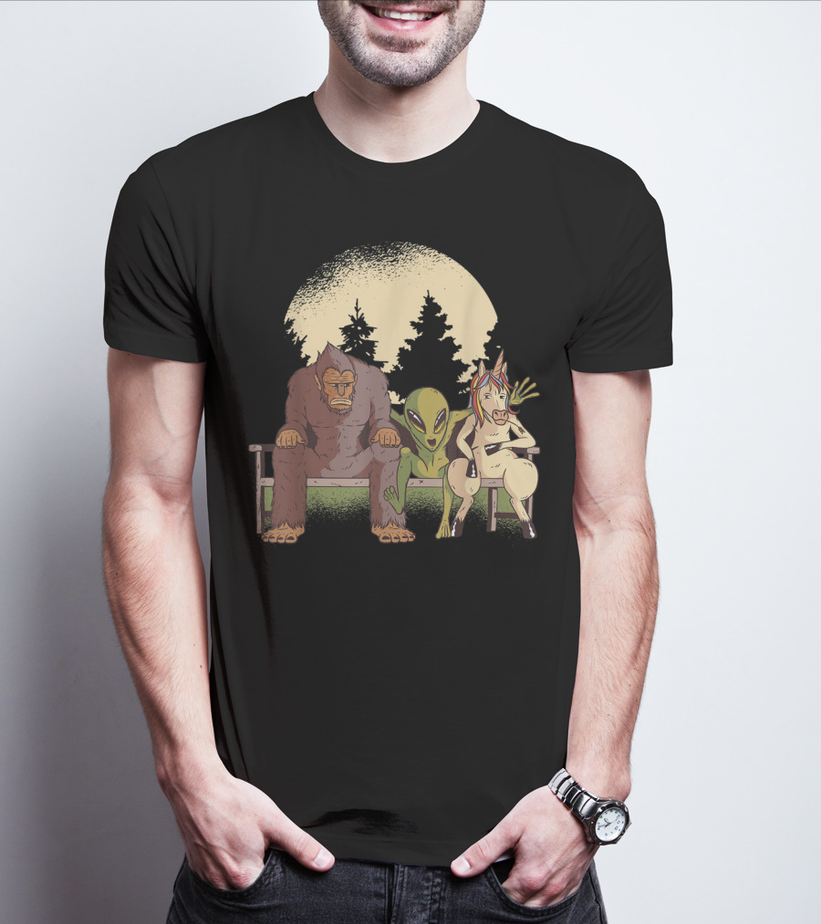 Creatures Monkey Alien Horse Forest Bench Scene T-Shirt