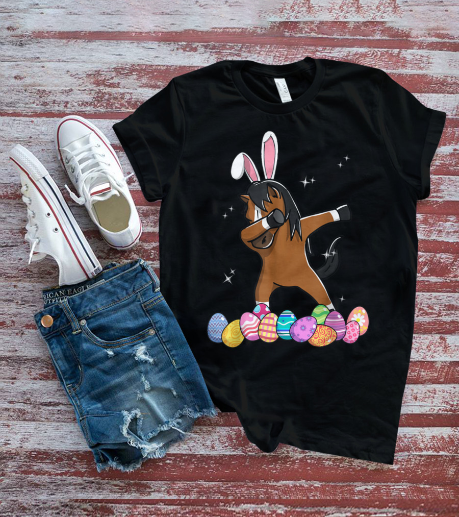 Dabbing Horse With Bunny Ears And Colorful Easter Eggs T-Shirt