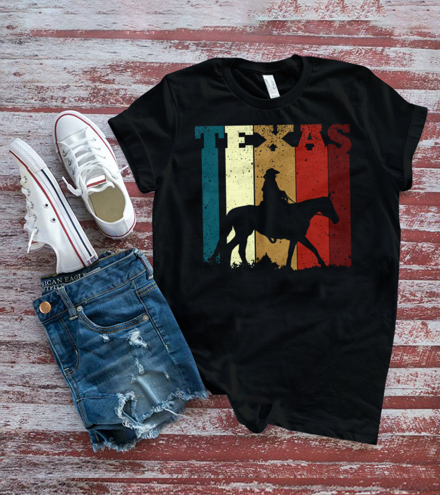 Texas Vintage Cowboy Horse Silhouette Distressed Stripes T-Shirt