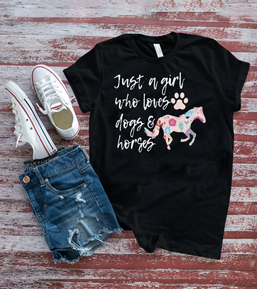 Just A Girl Who Loves Dogs And Horses Floral Horse Paw Prints T-Shirt