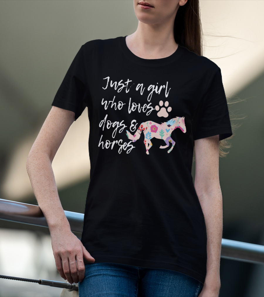Just A Girl Who Loves Dogs And Horses Floral Horse Paw Prints T-Shirt