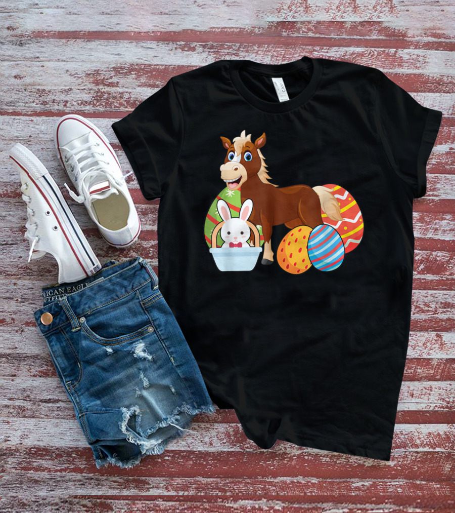Funny Easter Horse Bunny With Colorful Eggs Happy Easter T-Shirt