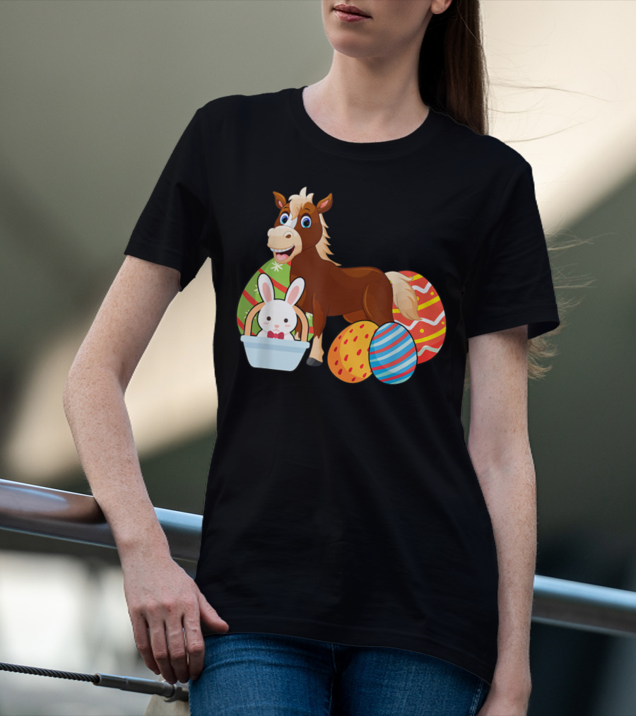Funny Easter Horse Bunny With Colorful Eggs Happy Easter T-Shirt