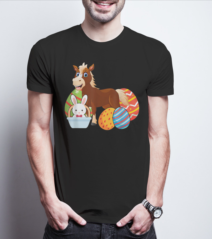 Funny Easter Horse Bunny With Colorful Eggs Happy Easter T-Shirt