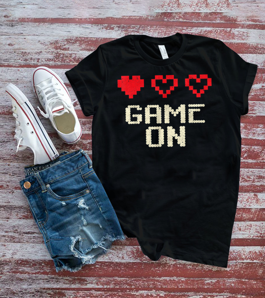 Game On Arcade Classic Gaming 3 Hearts Life Bar T-Shirt