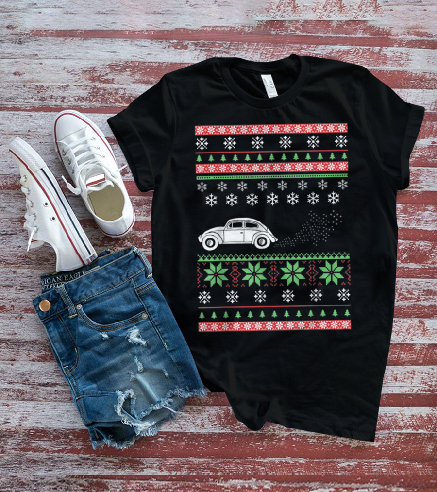Classic Car Ugly Christmas Sweater Style Snowflakes And Trees T-Shirt