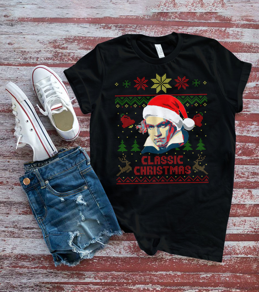 Classic Christmas Beethoven Santa Hat Reindeer Snowflakes T-Shirt