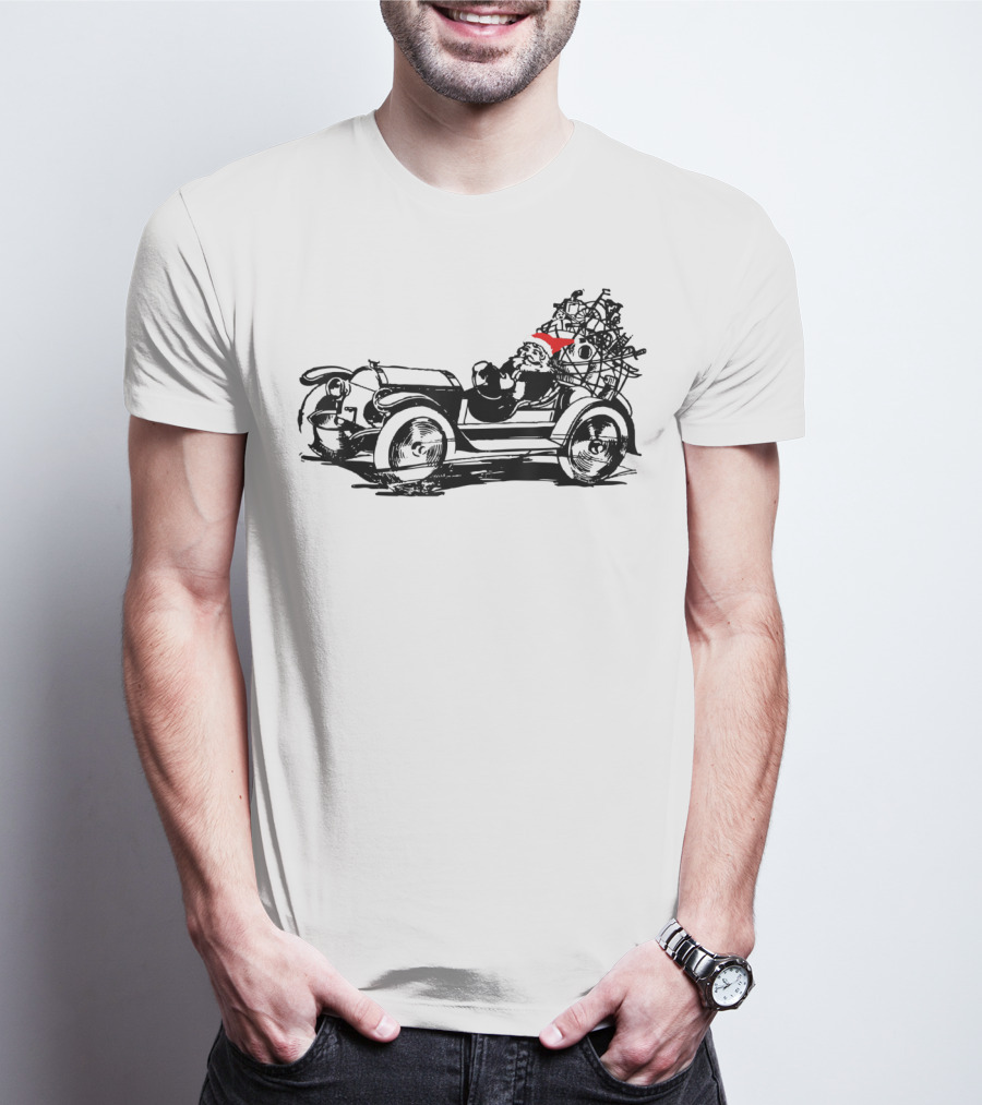 Santa Driving Vintage Car With Christmas Tree Load T-Shirt