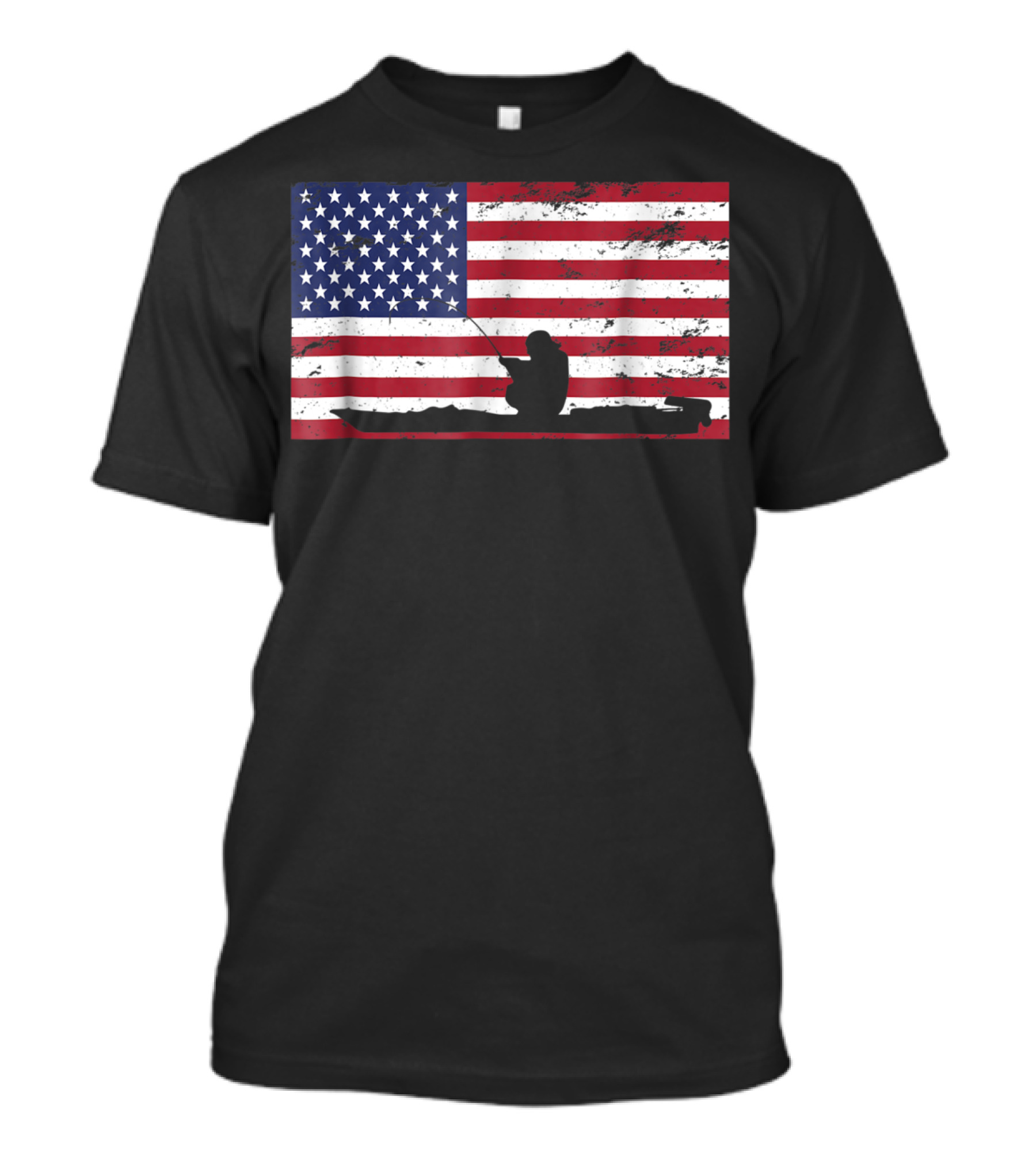 Kayak Fishing Silhouette On Distressed American Flag T-Shirt