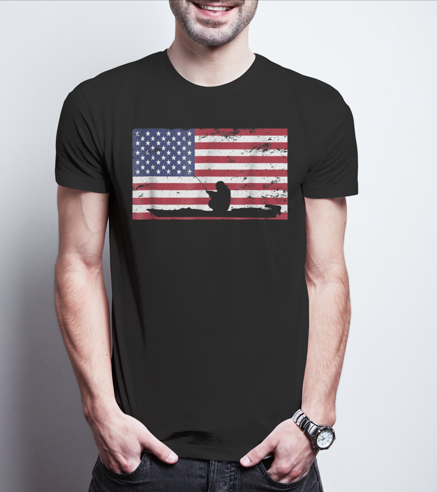 Kayak Fishing Silhouette On Distressed American Flag T-Shirt