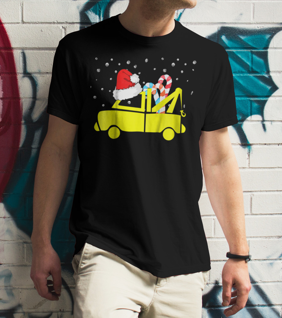 Kids Tow Truck Boys Christmas Santa Hat Candy Cane Snow T-Shirt