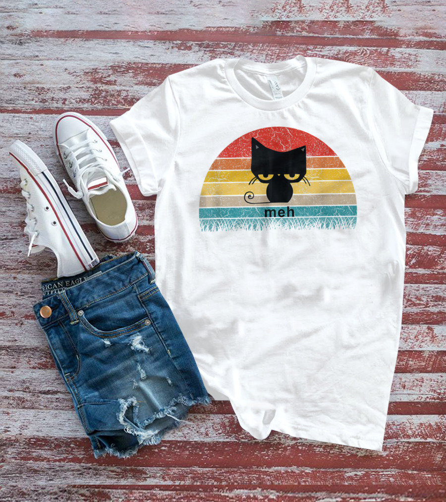 Meh Black Cat Retro Sunset Funny Cat Lovers T-Shirt
