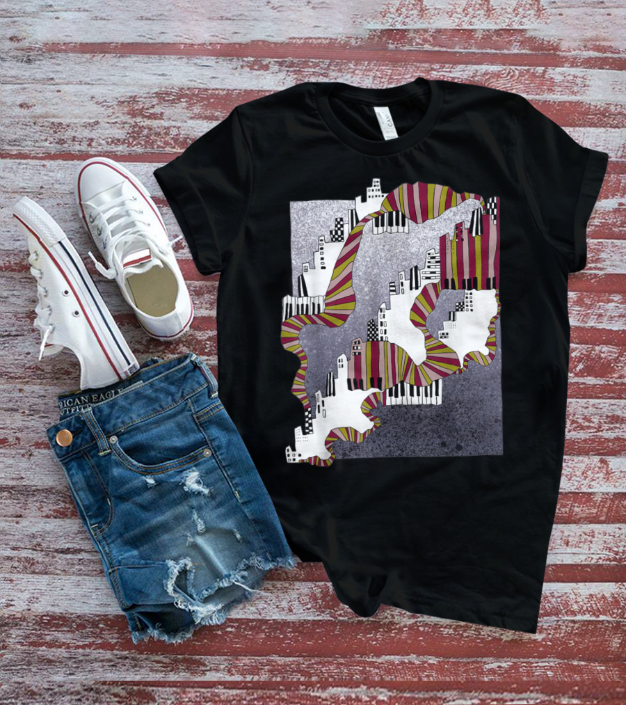 Mellow My Man Cityscape With 90s Hip Hop Piano Keys And Vibrant Stripes T-Shirt