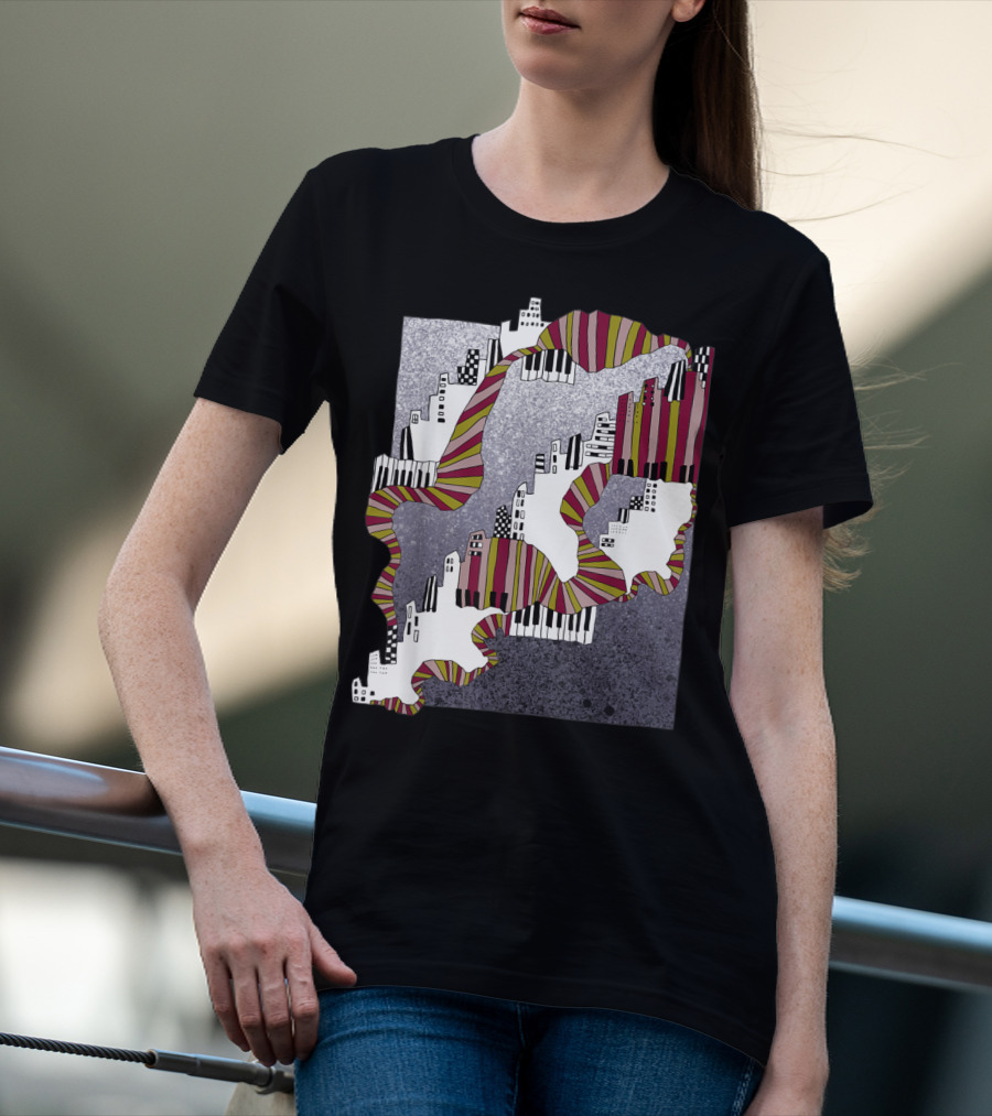 Mellow My Man Cityscape With 90s Hip Hop Piano Keys And Vibrant Stripes T-Shirt