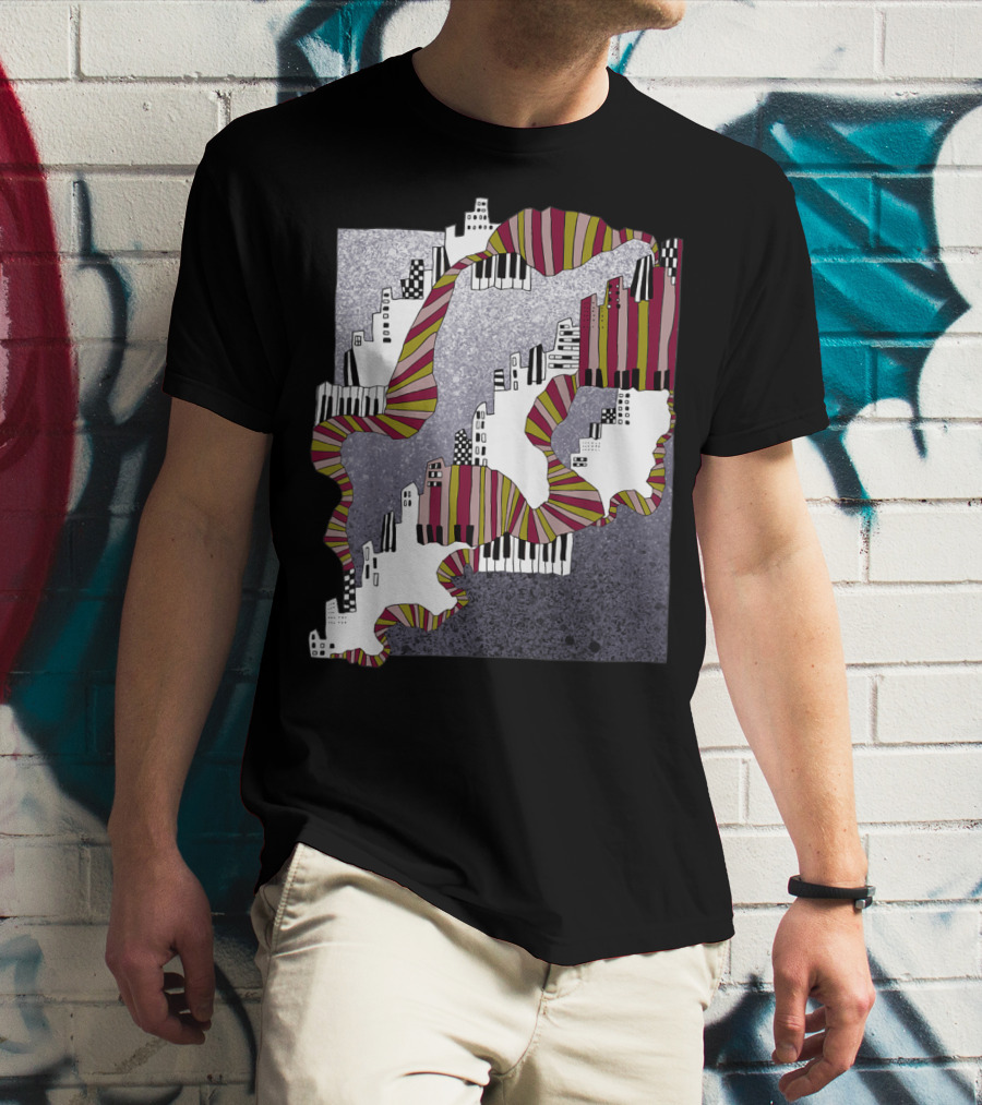 Mellow My Man Cityscape With 90s Hip Hop Piano Keys And Vibrant Stripes T-Shirt