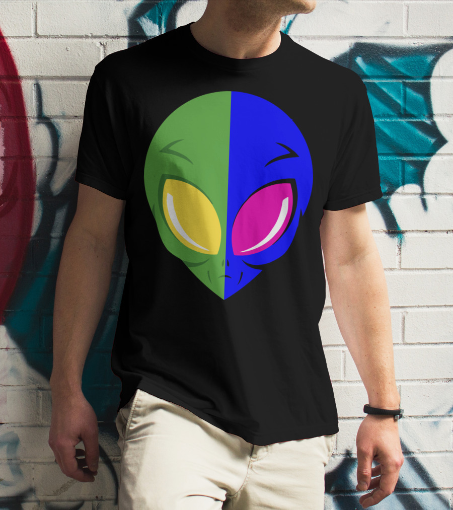 Mens Glow In The Dark Alien Head Dual Colors Green Blue Yellow Pink T-Shirt
