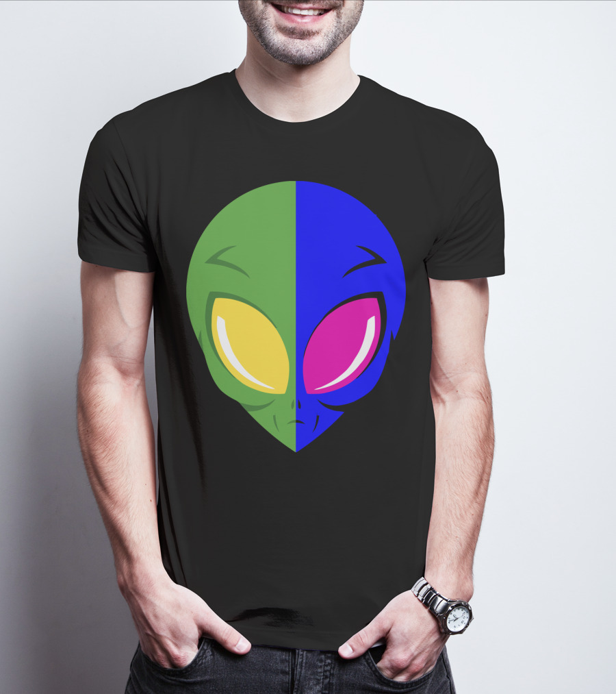 Mens Glow In The Dark Alien Head Dual Colors Green Blue Yellow Pink T-Shirt