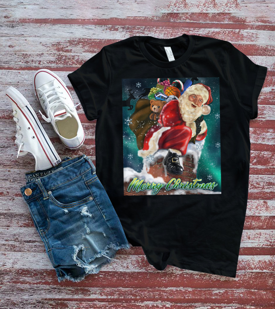Merry Christmas Santa Claus On Chimney With Toy Sack Holiday Scene T-Shirt