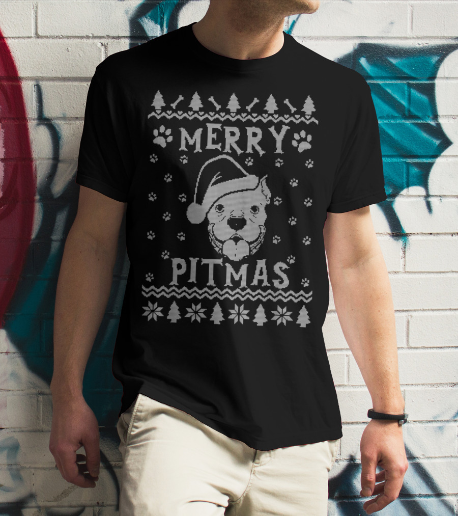 Merry Pitmas Christmas Pitbull Santa Hat Paw Trees Snowflakes T-Shirt