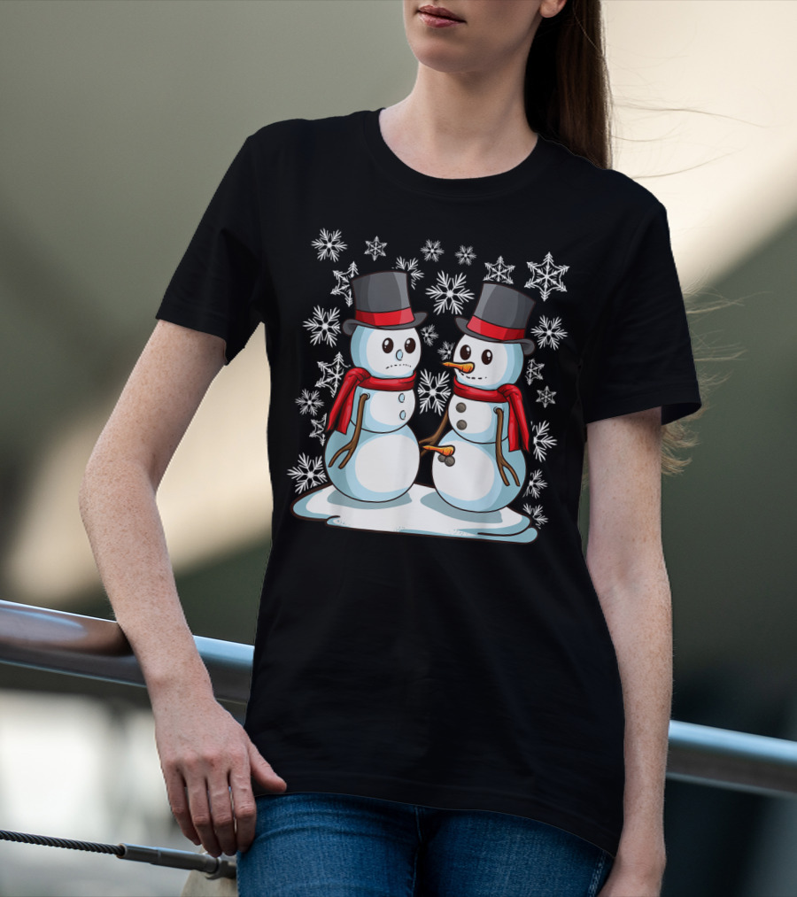 Naughty Christmas Snowmen With Carrot And Top Hats Amidst Snowflakes T-Shirt