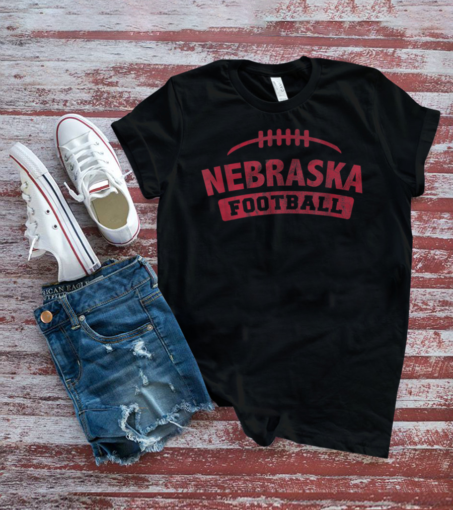 Nebraska Football Red Text With Football T-Shirt
