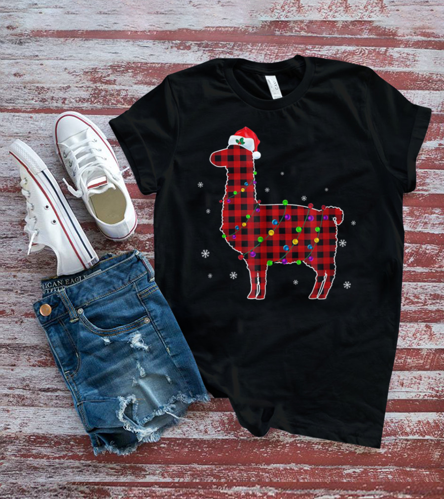Red Plaid Buffalo Llama Christmas Lights Santa Hat T-Shirt
