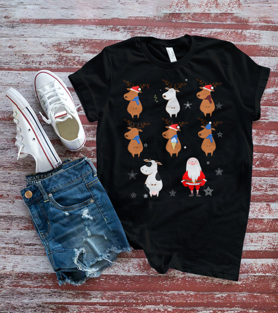 Santa Claus Reindeers With Cow And Snowflakes T-Shirt
