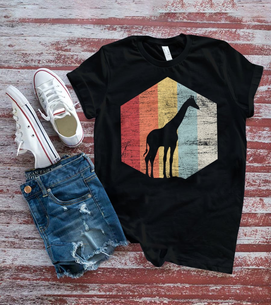 Retro Giraffe Silhouette With Vintage Stripes T-Shirt