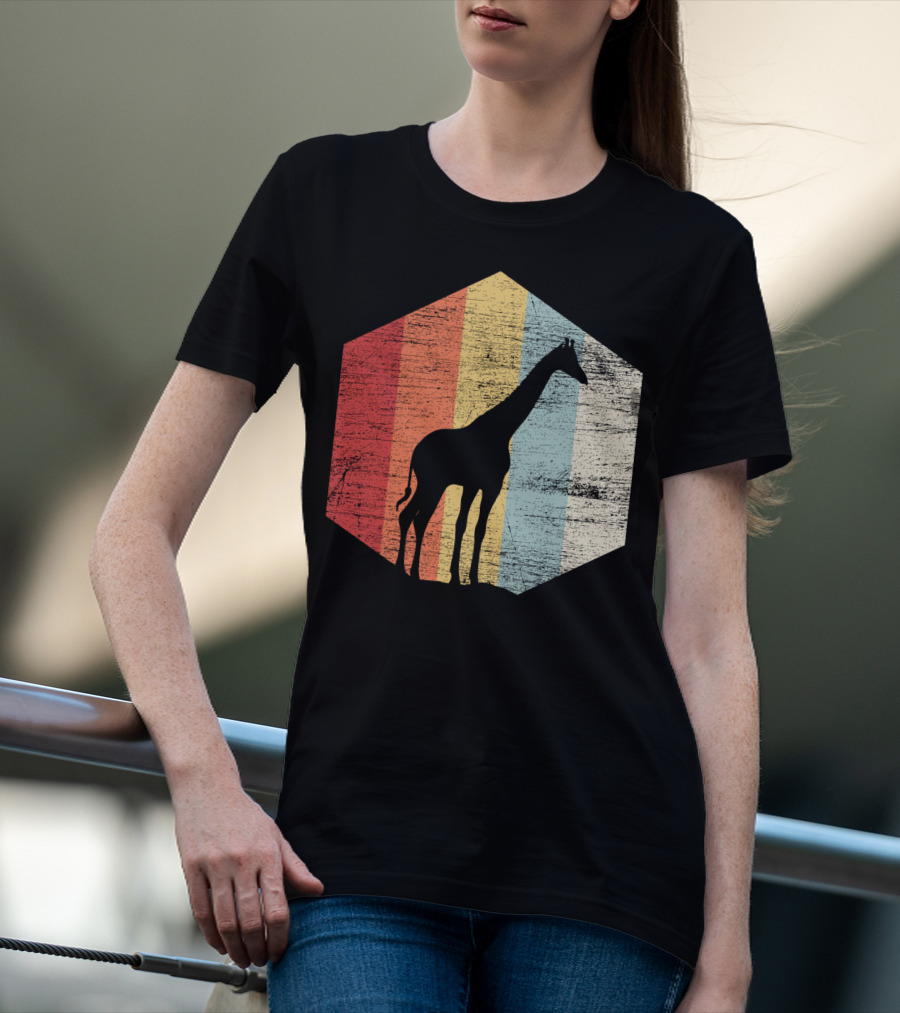 Retro Giraffe Silhouette With Vintage Stripes T-Shirt