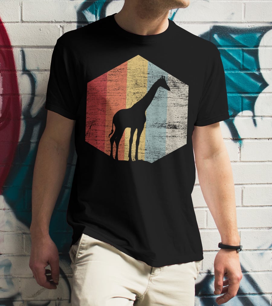 Retro Giraffe Silhouette With Vintage Stripes T-Shirt