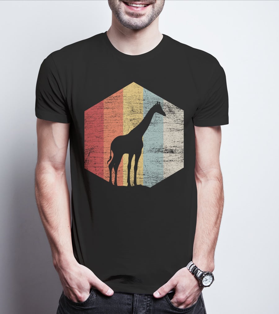 Retro Giraffe Silhouette With Vintage Stripes T-Shirt