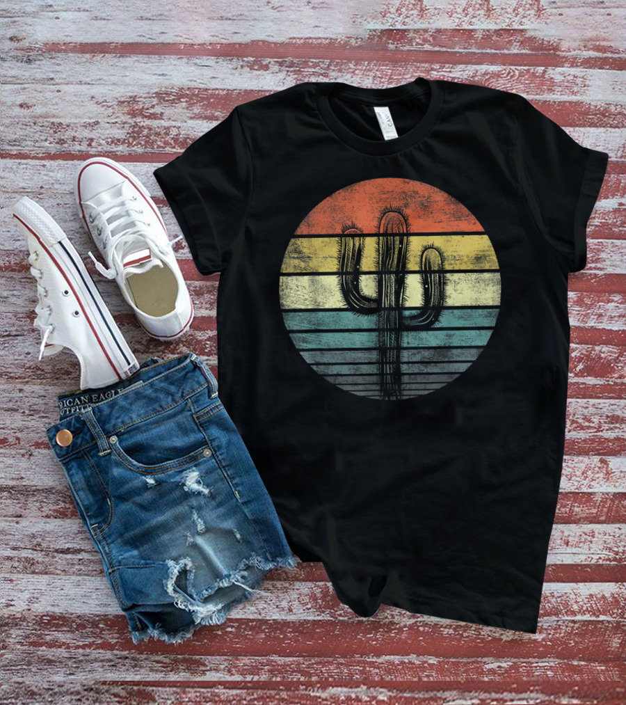 Retro Saguaro Cactus Sunset Stripes Cactaceae Vintage Vibes T-Shirt
