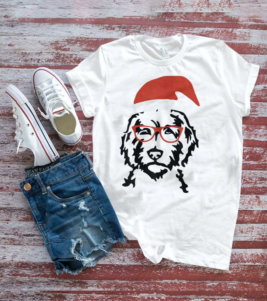Santa Doodle Goldendoodle Christmas Red Hat Glasses T-Shirt