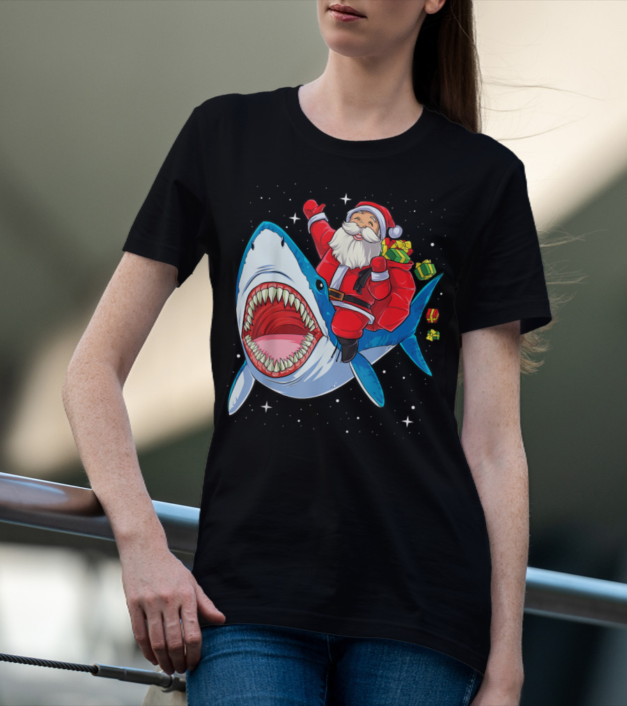 Santa And Presents On Shark In Starry Christmas Galaxy T-Shirt