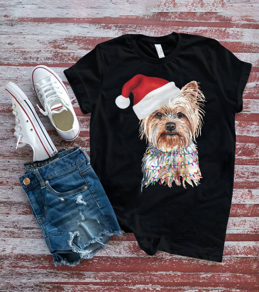 Santa Yorkie Terrier Dog With Christmas Lights Reindeer T-Shirt