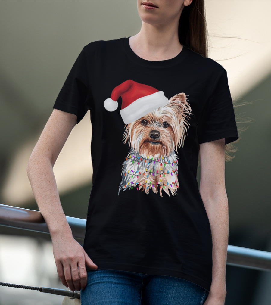 Santa Yorkie Terrier Dog With Christmas Lights Reindeer T-Shirt